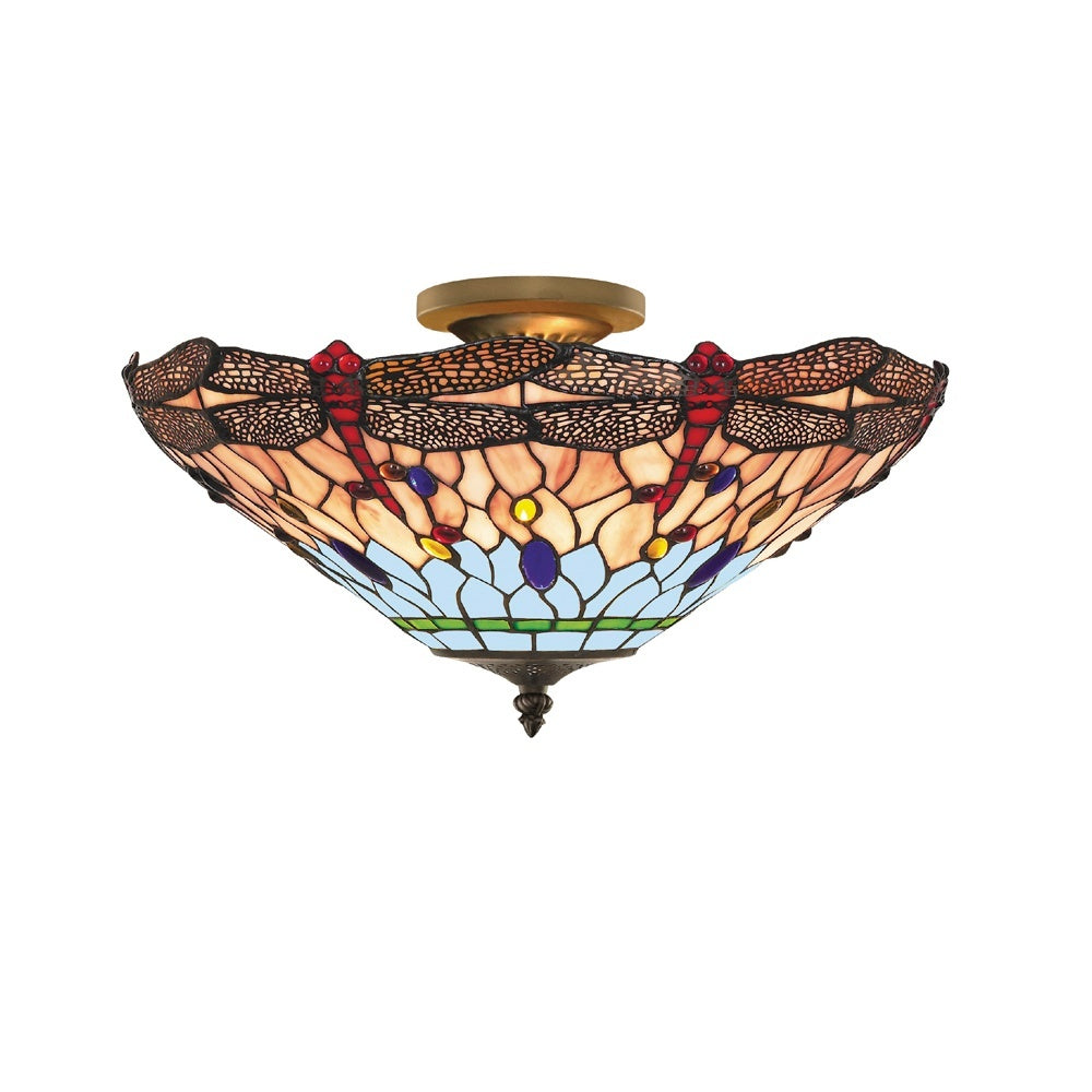 Searchlight 1289-16 Dragonfly - 1 Light Semi Flush Ceiling Antique Brass Tiffany Glass