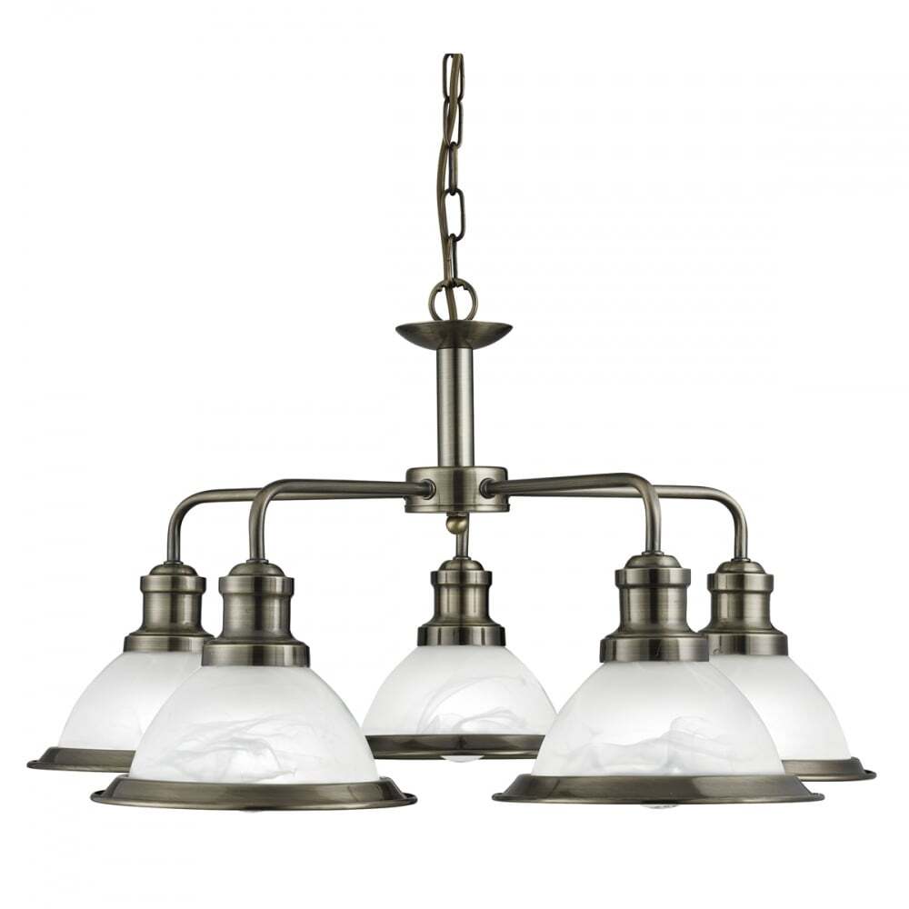 Searchlight 1595-5AB Bistro - 5 Light Ceiling Antique Brass Marble Glass