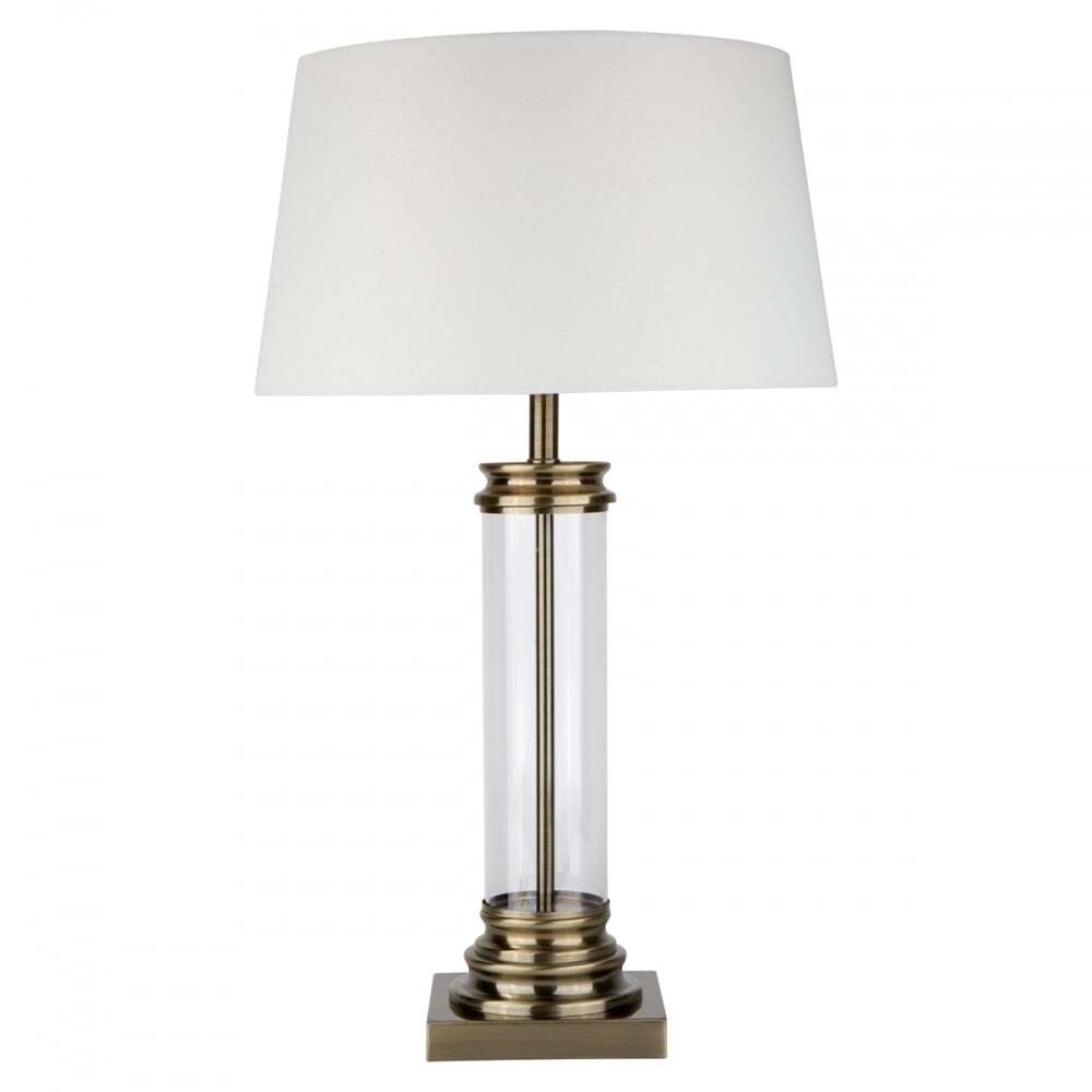 Searchlight 5141AB Pedestal Table Lamp - Glass Column & Antique Brass Base Cream Shade