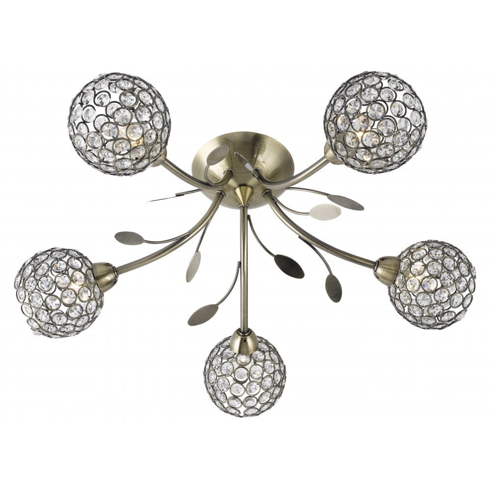Searchlight 6575-5AB Bellis Ii - 5 Light Ceiling Semi-flush Antique Brass Clear Glass Deco Shade