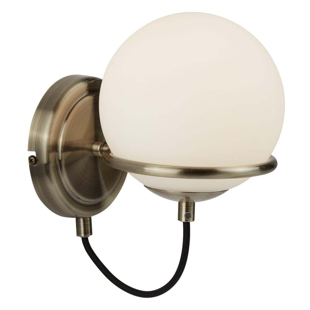 Searchlight 7091AB Sphere 1 Light Wall Bracket Antique Brass White Glass Shades