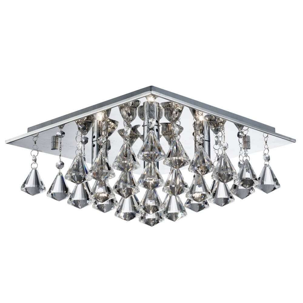 Searchlight 7304-4CC Hanna - 4 Light Square Flush Ceiling Chrome Clear Crystal Pyramid Drops