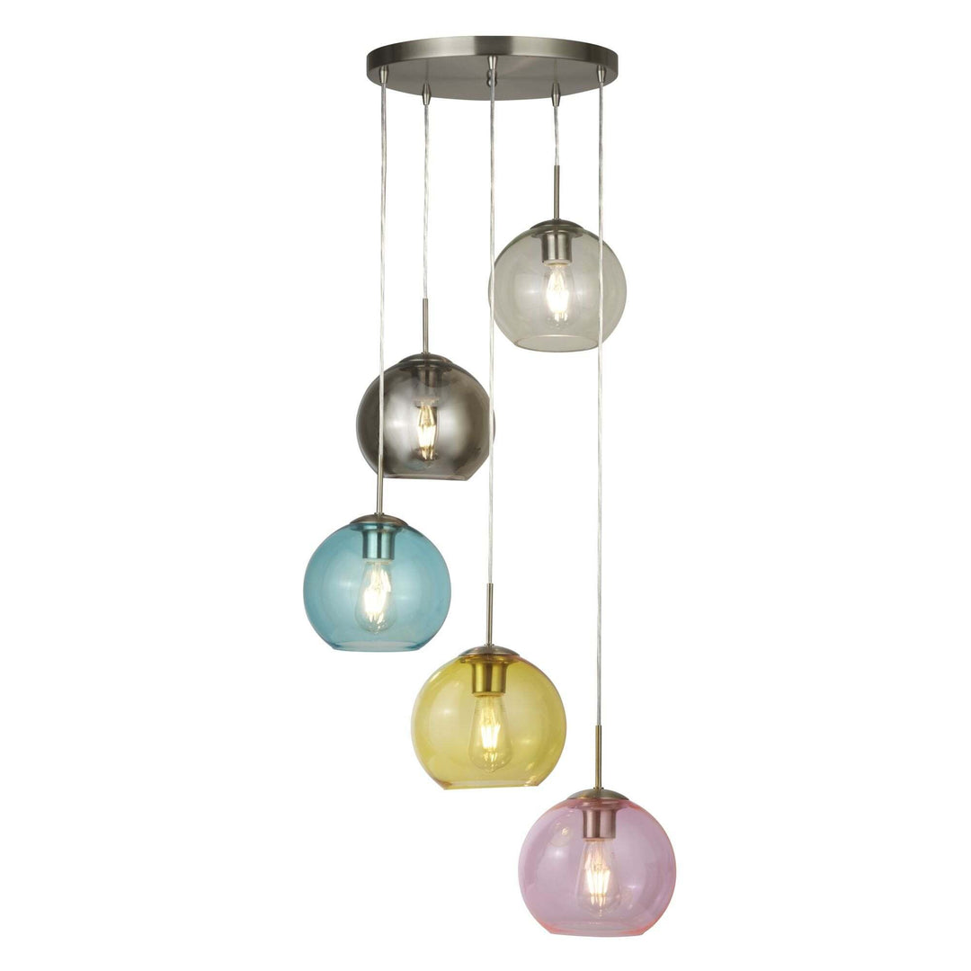 Searchlight 8135-5SS Mardi Gras 5 Light Pendant Satin Silver Multi Coloured Glass