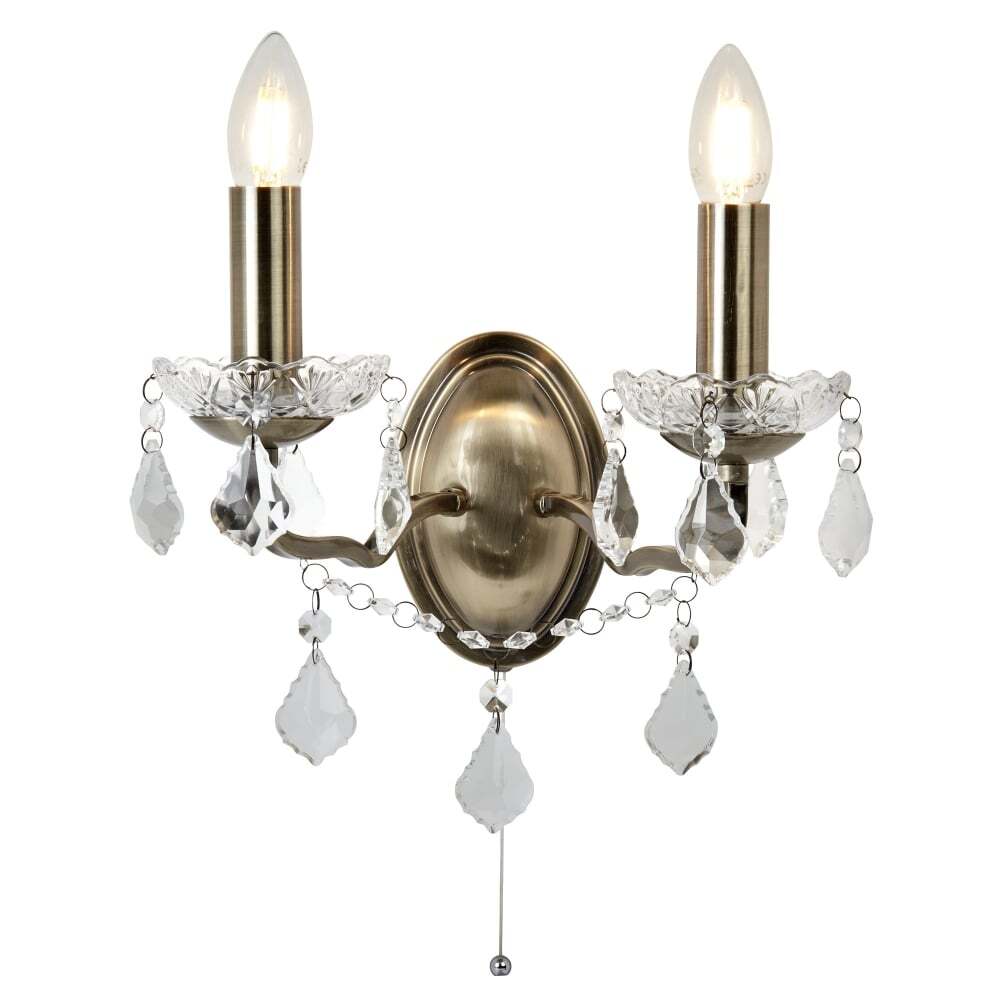 Searchlight 8732-2AB | Paris 2 Light Wall Bracket | Antique Brass with Clear Crystal Drops