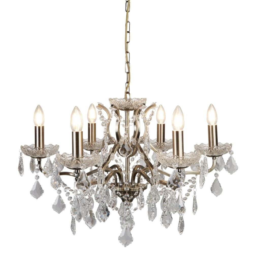 Searchlight 8736-6AB Paris 6 Light Chandelier Clear Crystal Drops & Trim Antique Brass