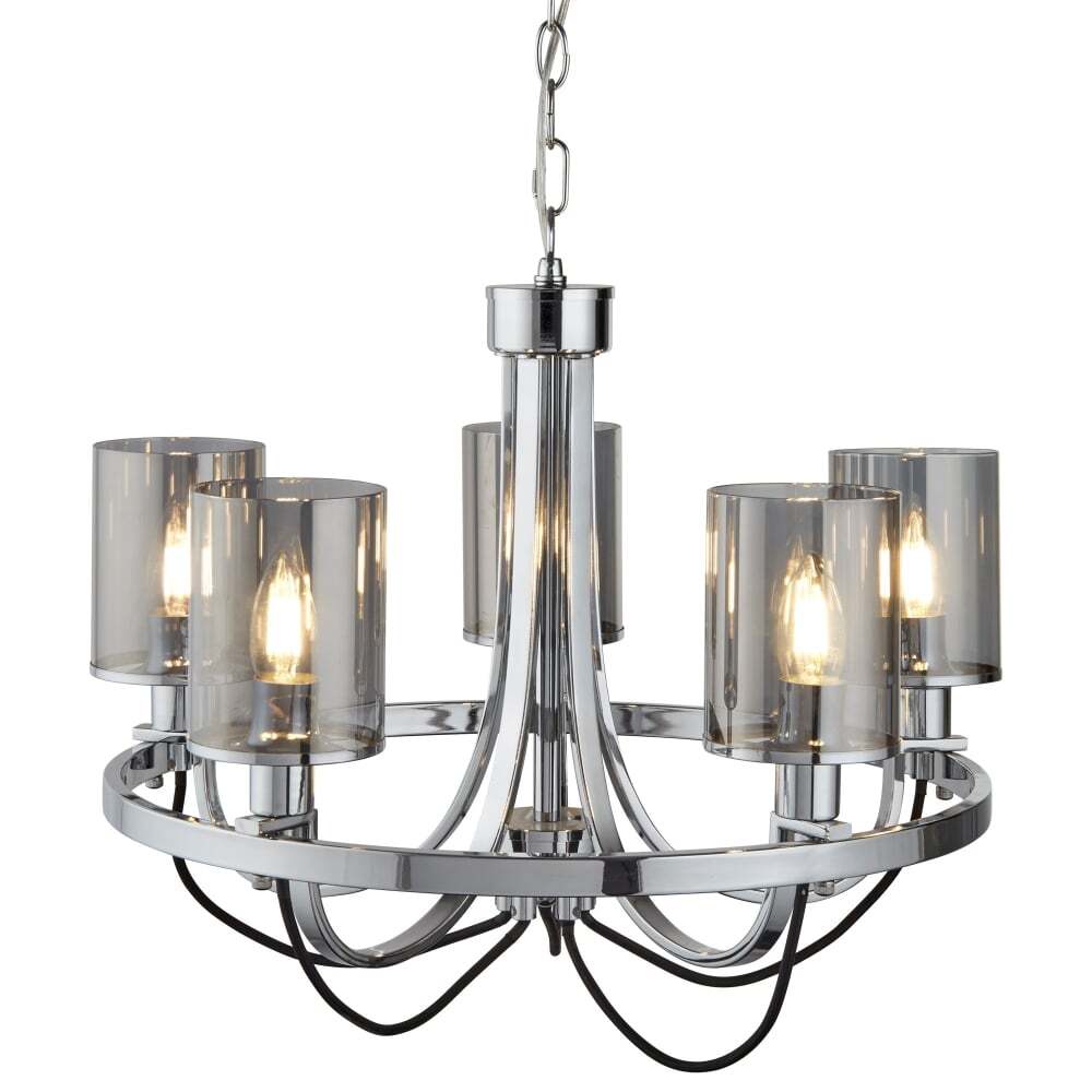 Searchlight 9045-5CC Catalina 5 Light Ceiling Chrome Black Braided Cable Smoked Glass Shades