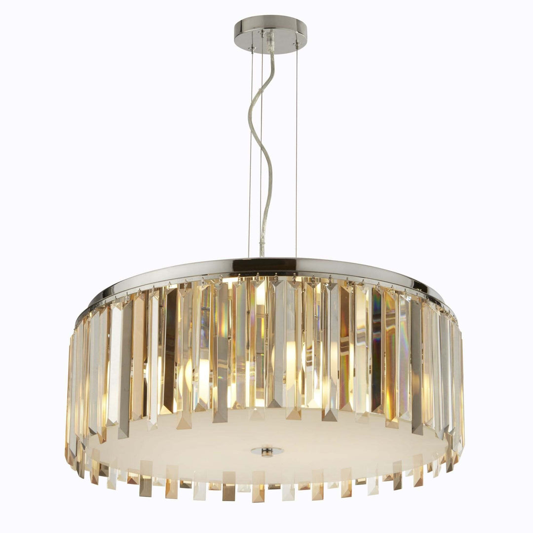 Searchlight 9835-5CC Clarissa 5 Light Drum Pendant Chrome Clear Amber Smokey Crystal Prism