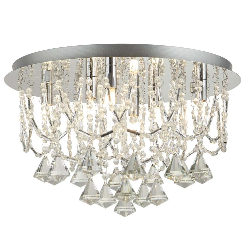 Searchlight 9986-6CC Mela 6 Light Ceiing Flush Chrome Clear Crystal Pyramid Drops & Trim