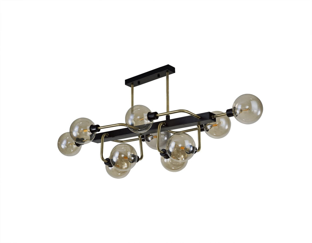 Nelson Lighting NL82969 Dylon Fixed Pendant Ceiling 10 Light Matt Black/Antique Brass/Cognac Glass
