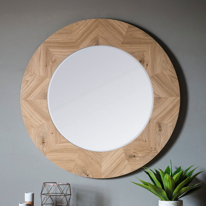 Nelson Lighting NL1409710 Natural Oak Chevron Round Mirror