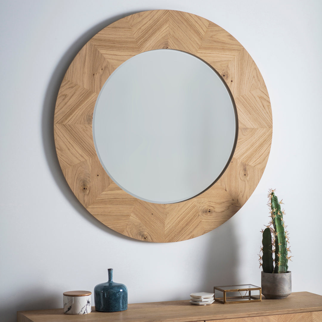 Nelson Lighting NL1409710 Natural Oak Chevron Round Mirror