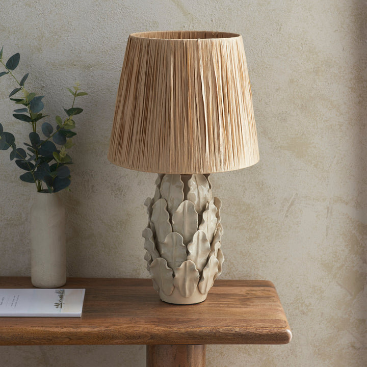 116457 Layered Leaf &amp; Raffia 32cm Table Lamp Ivory