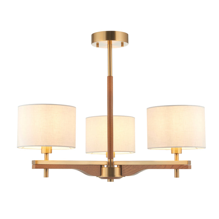 116993 Heathcliff 3 Light Semi Flush Ceiling Brass Wood