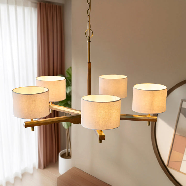 116994 Heathcliff 5 Light Pendant Brass Wood
