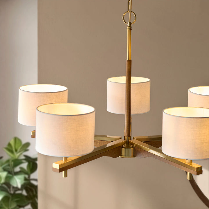 116994 Heathcliff 5 Light Pendant Brass Wood