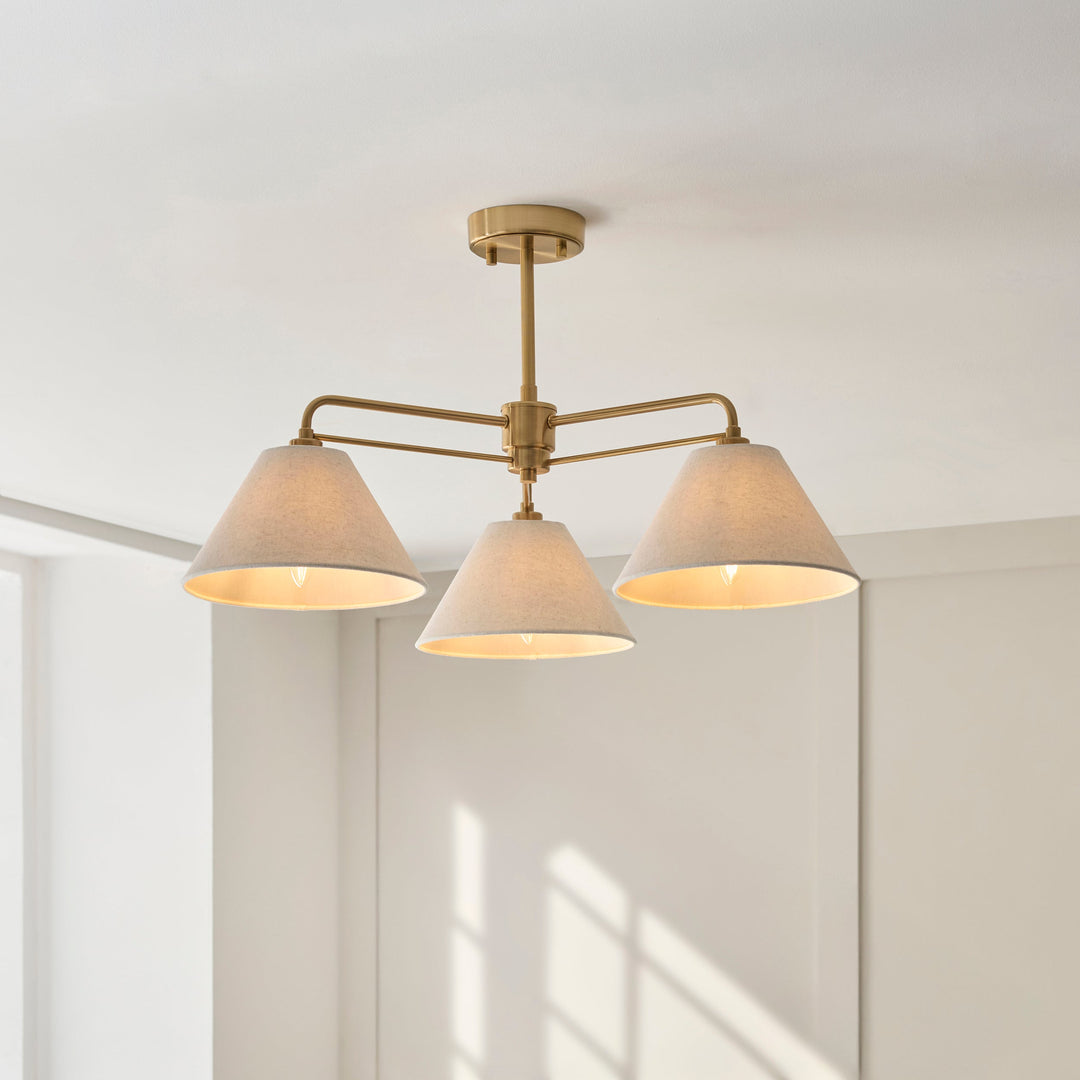 120303 Wallbridge 3 Light Semi Flush Ceiling Brass