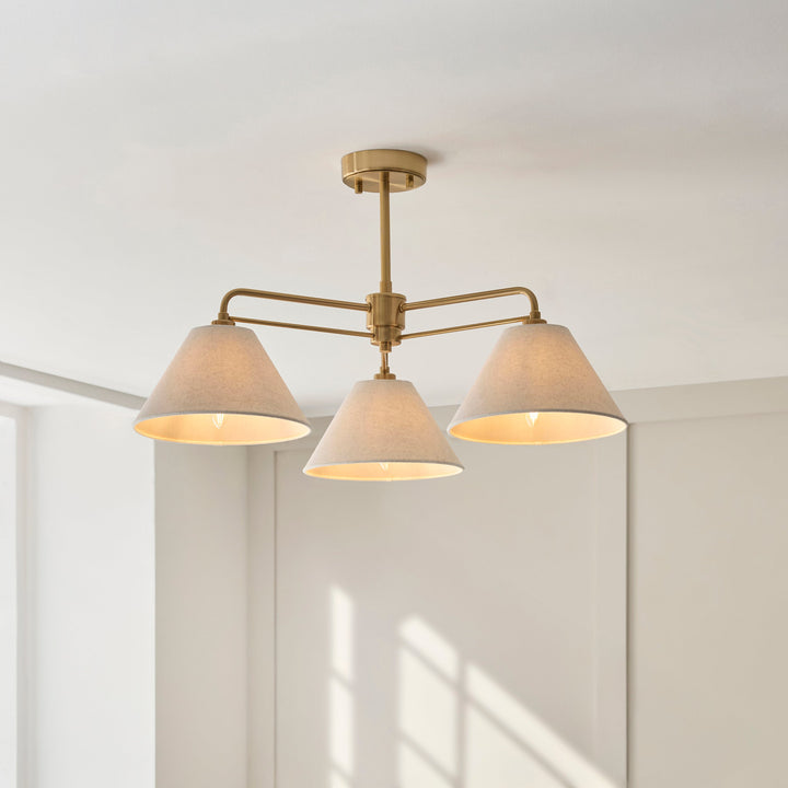 120303 Wallbridge 3 Light Semi Flush Ceiling Brass