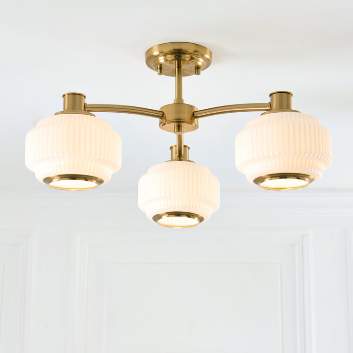 122786 Evora 3 Light Semi Flush Ceiling Brass Opal
