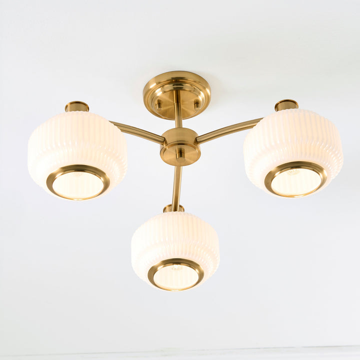 122786 Evora 3 Light Semi Flush Ceiling Brass Opal