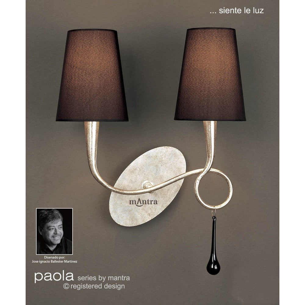 Mantra M0537 Paola Wall Lamp 2 Light E14 Silver Painted Black Shades &amp; Black Glass Droplets (S)