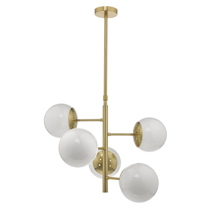 Dar BOM0535 Bombazine 5 Light Pendant Natural Brass Opal Glass (S)