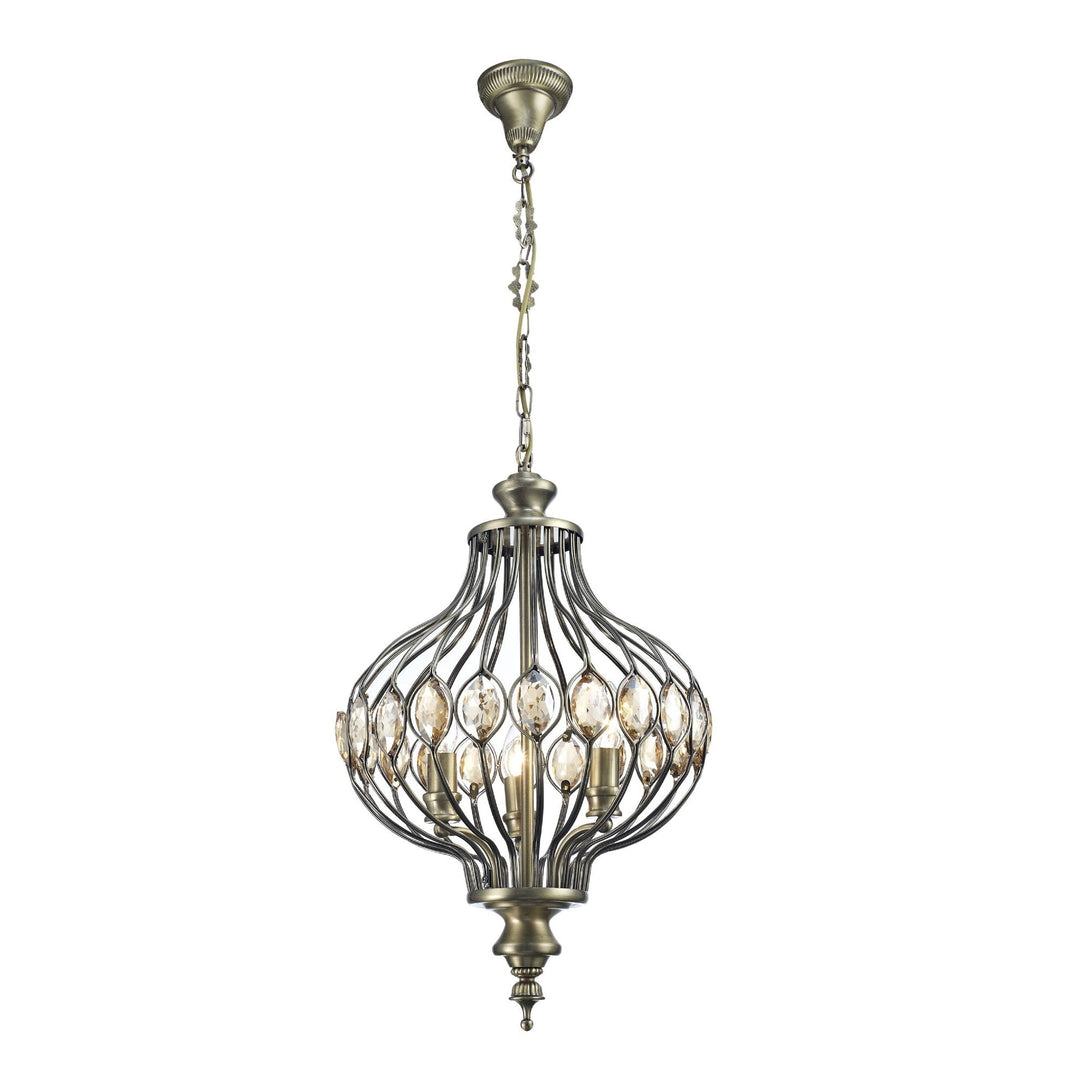Diyas IL31571 Marisa Single Pendant 3 Light E14 Antique Brass/Amber Crystal (S)