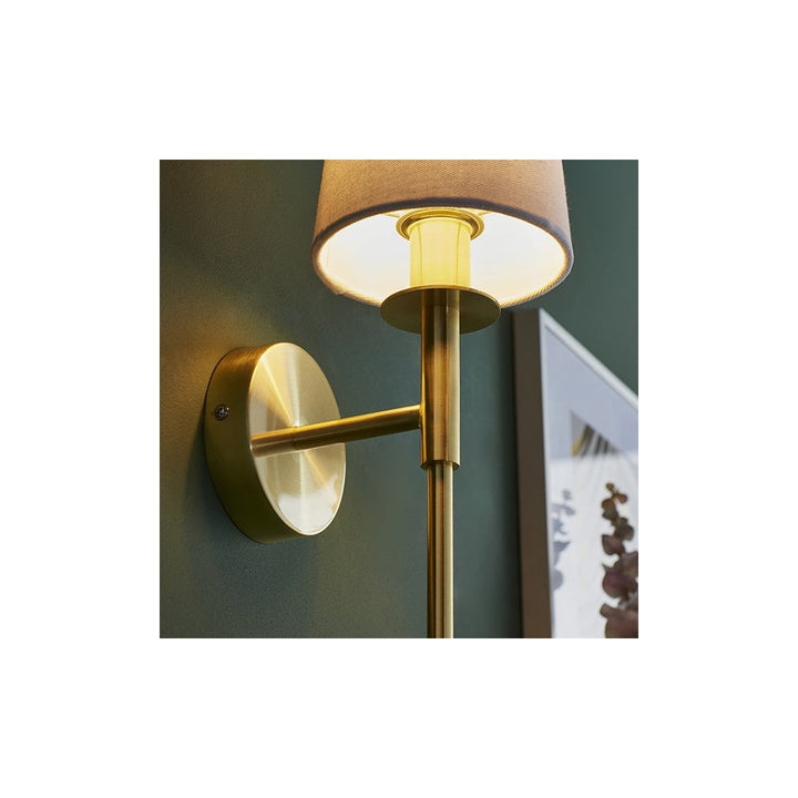 Endon 92955 1 Light Wall Light Satin Brass Plate &amp; Vintage White Fabric Shade (S)
