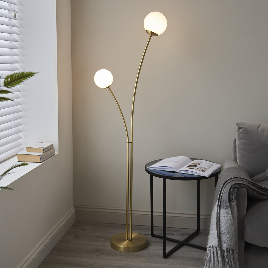 Endon 92219 Bloom 2 Light Floor Lamp Brass Opal (S)