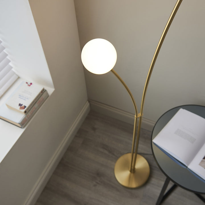 Endon 92219 Bloom 2 Light Floor Lamp Brass Opal (S)