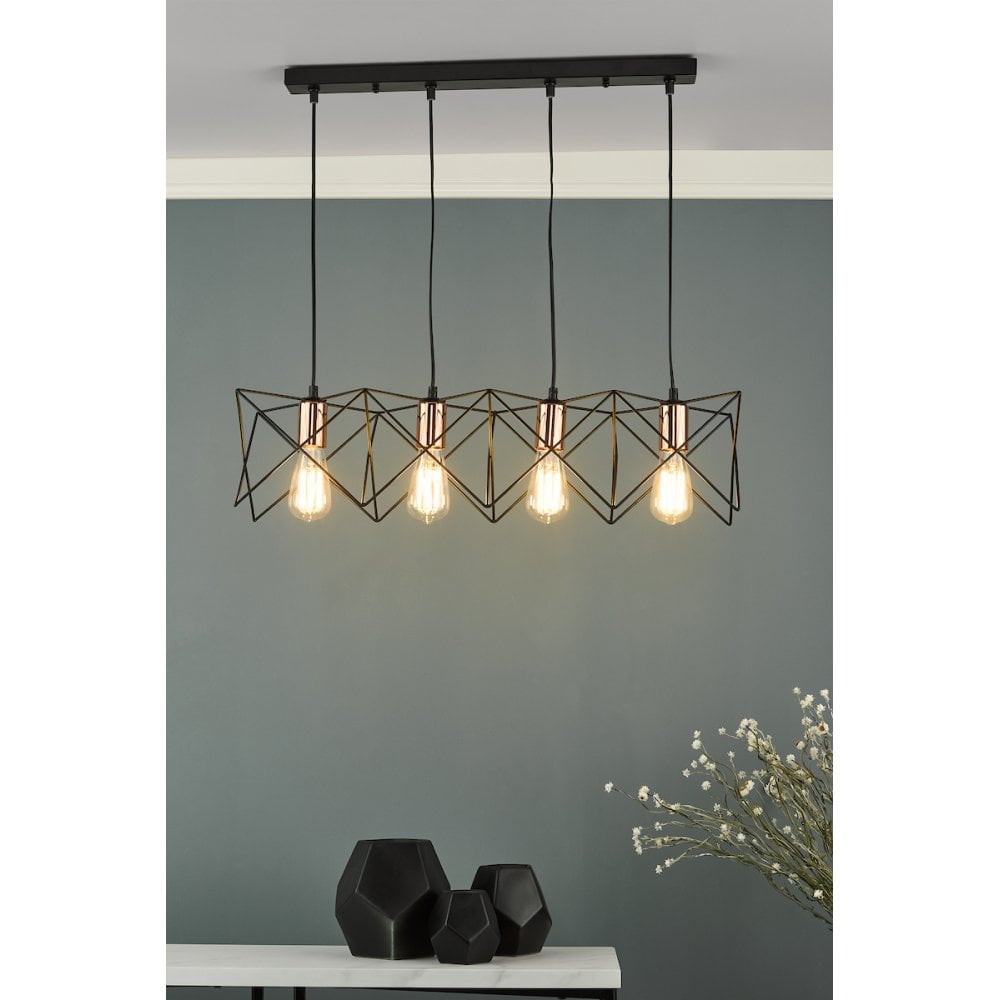 Dar MID0422 Midi 4 Light Bar Pendant Black And Bright Copper Detail (S)