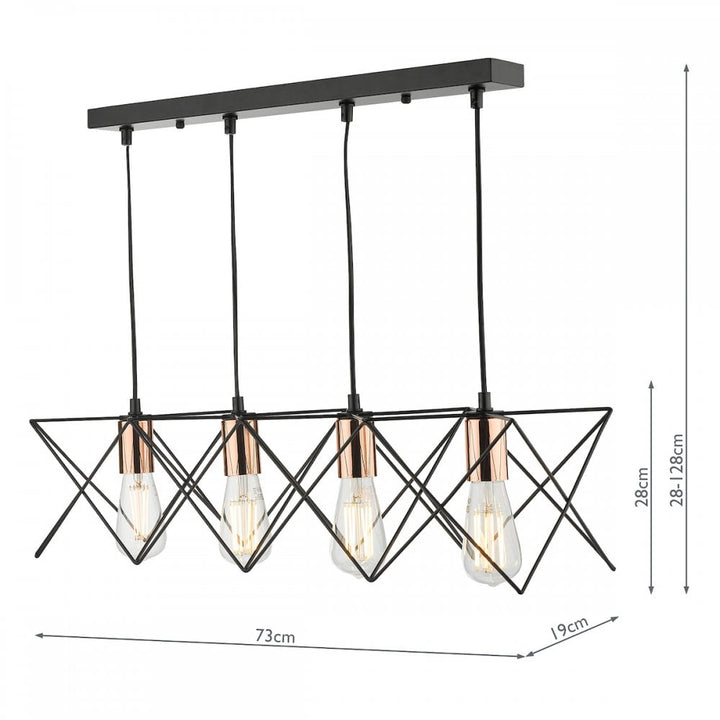 Dar MID0422 Midi 4 Light Bar Pendant Black And Bright Copper Detail (S)
