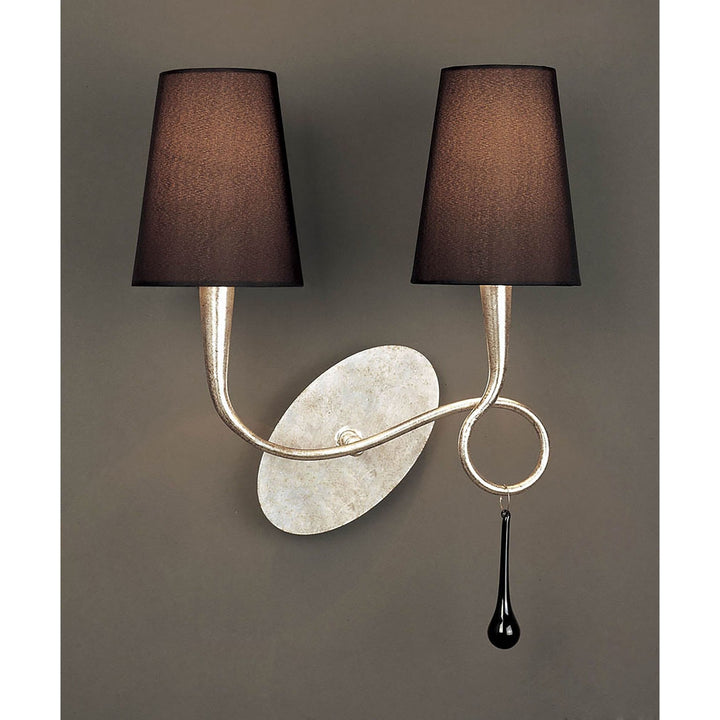 Mantra M0537/S Paola Wall Lamp Switched 2 Light E14 Silver Painted Black Shades &amp; Black Glass Droplets (S)