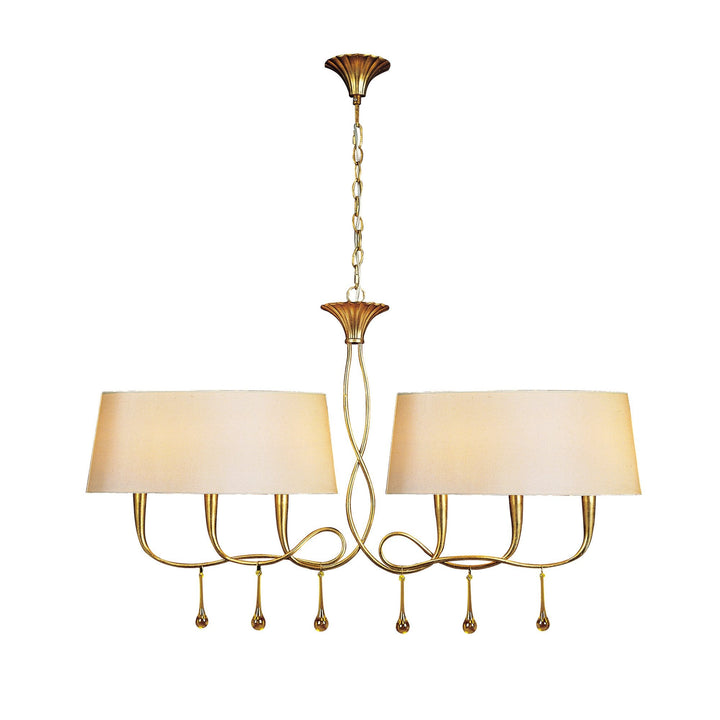 Mantra M0541 Paola Linear Pendant 2 Arm 6 Light E14 Gold Painted Cream Shades &amp; Amber Glass Droplets (S)