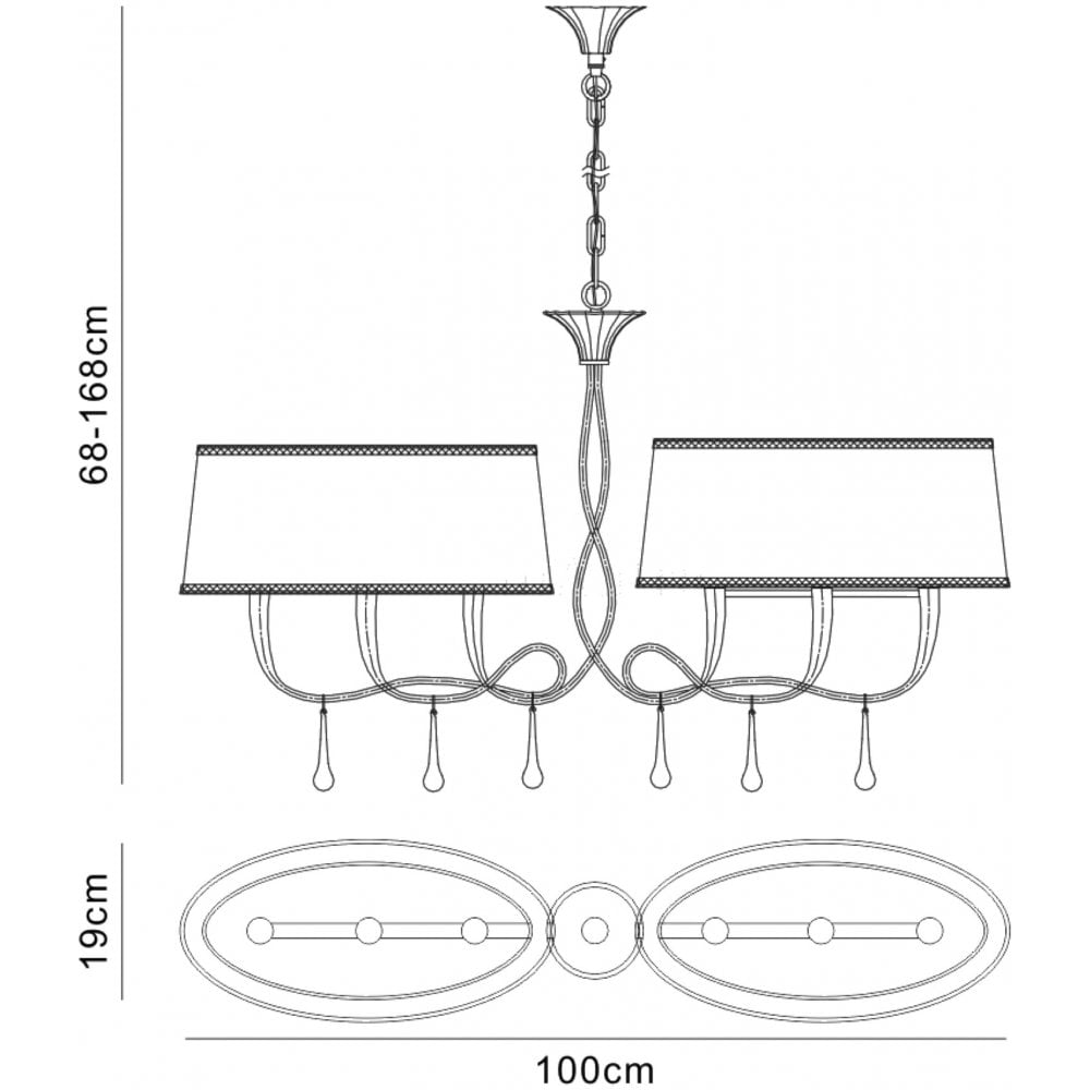 Mantra M0541 Paola Linear Pendant 2 Arm 6 Light E14 Gold Painted Cream Shades &amp; Amber Glass Droplets (S)