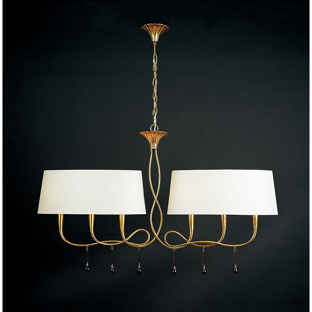 Mantra M0541 Paola Linear Pendant 2 Arm 6 Light E14 Gold Painted Cream Shades &amp; Amber Glass Droplets (S)