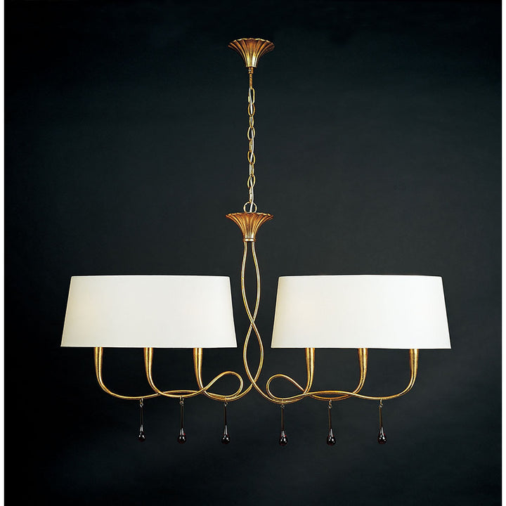 Mantra M0541 Paola Linear Pendant 2 Arm 6 Light E14 Gold Painted Cream Shades &amp; Amber Glass Droplets (S)