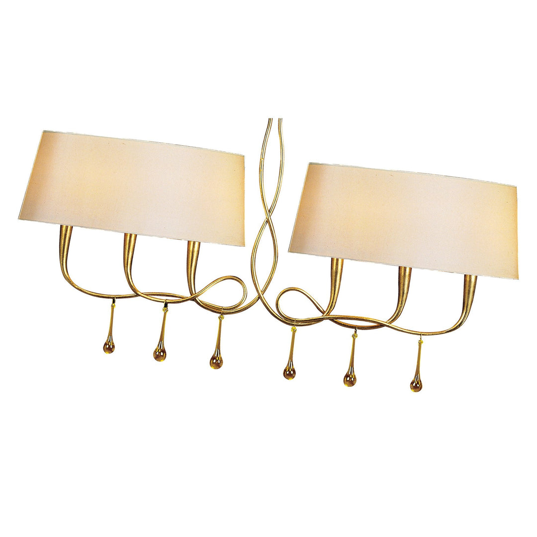 Mantra M0541 Paola Linear Pendant 2 Arm 6 Light E14 Gold Painted Cream Shades &amp; Amber Glass Droplets (S)