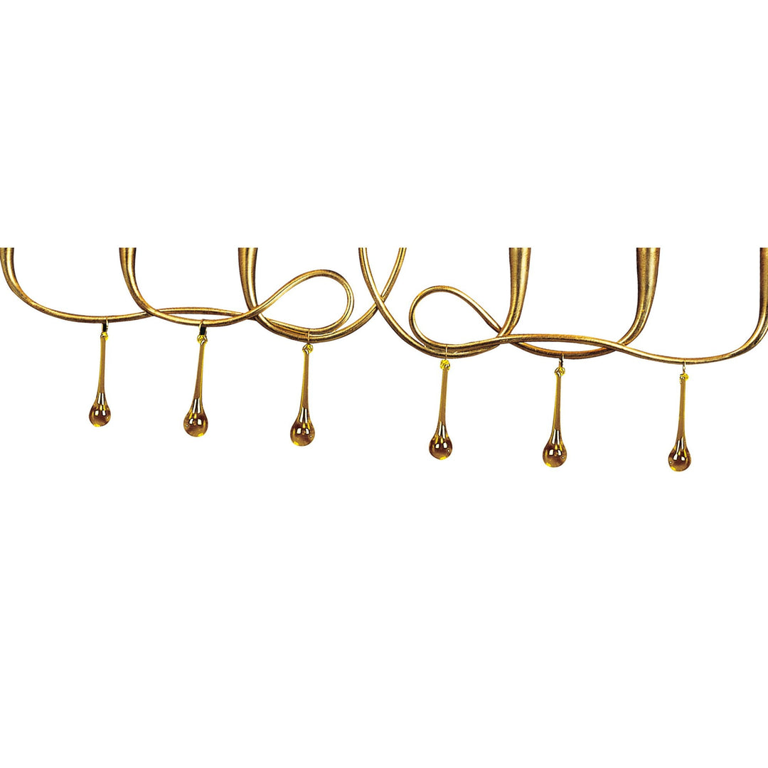 Mantra M0541 Paola Linear Pendant 2 Arm 6 Light E14 Gold Painted Cream Shades &amp; Amber Glass Droplets (S)