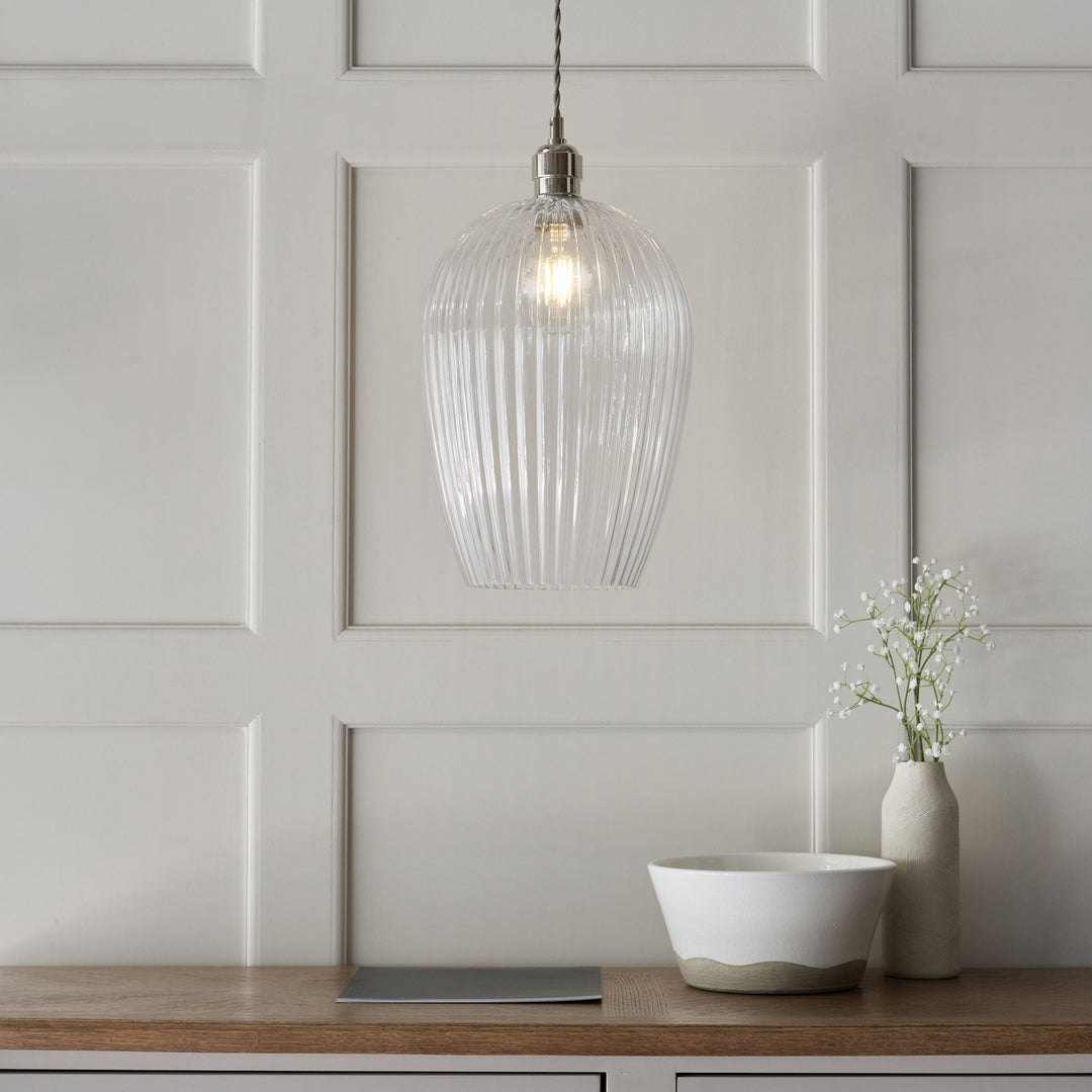 Endon 103675 Pendant 1 Light Bright Nickel Plate And Clear Ribbed Glass (S)