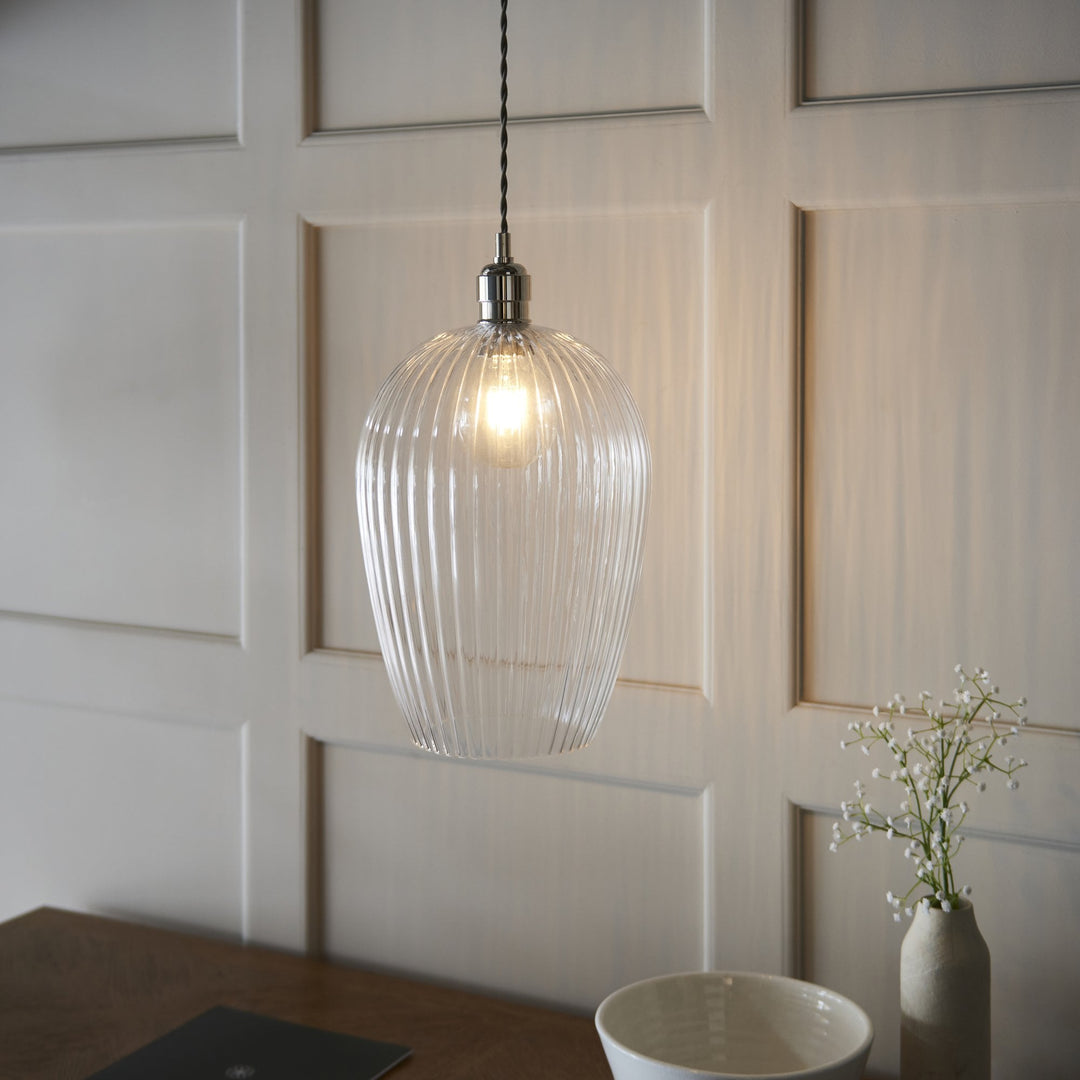 Endon 103675 Pendant 1 Light Bright Nickel Plate And Clear Ribbed Glass (S)