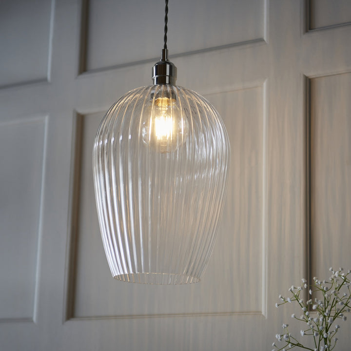 Endon 103675 Pendant 1 Light Bright Nickel Plate And Clear Ribbed Glass (S)