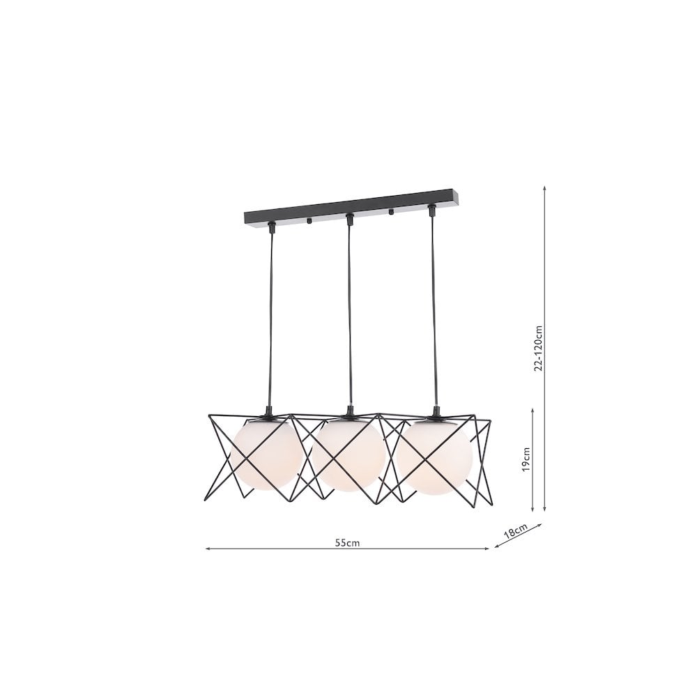 Dar DRE0322 Dreyson 3 Light Bar Pendant Matt Black and Opal Glass (S)