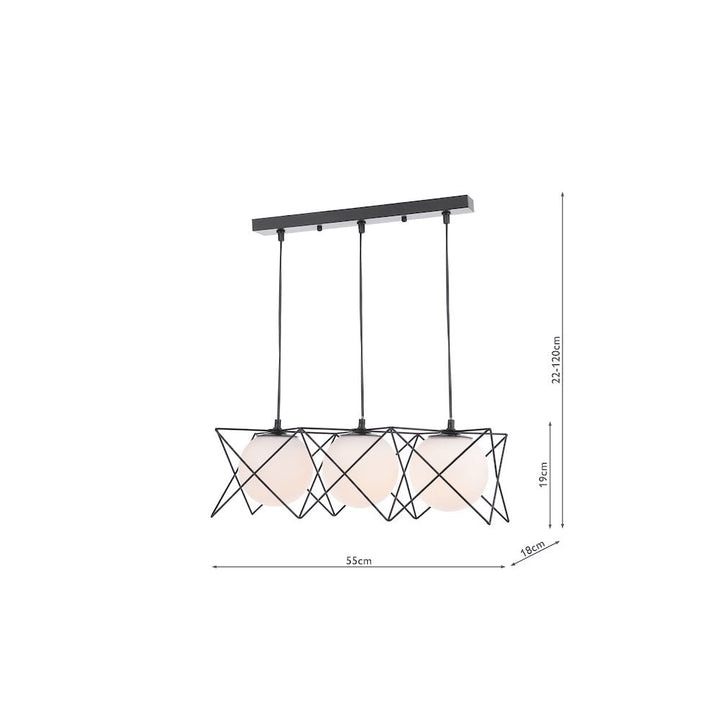 Dar DRE0322 Dreyson 3 Light Bar Pendant Matt Black and Opal Glass (S)
