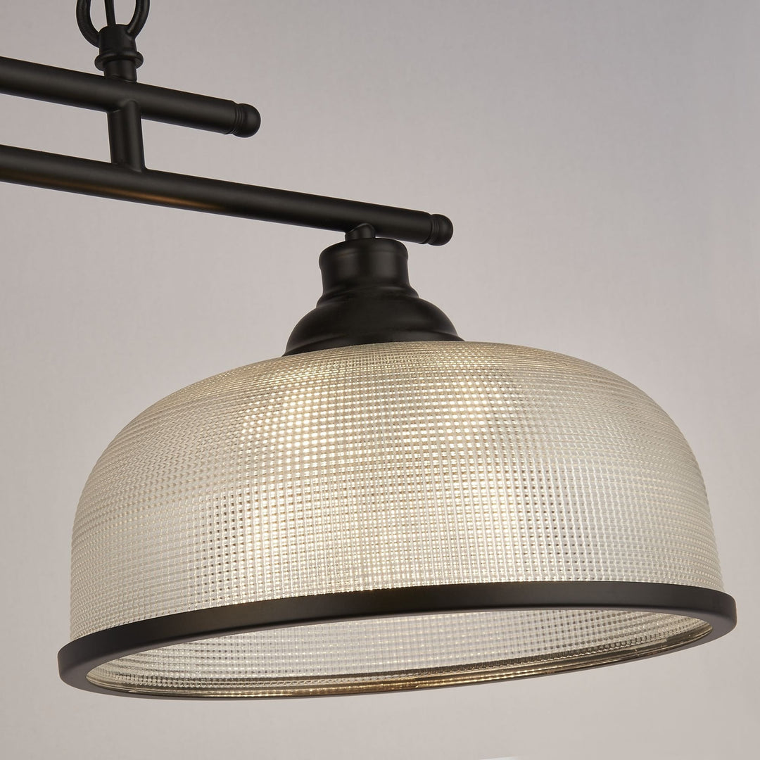 Searchlight 3593-3BK Highworth 3 Light Bar Pendant Black Metal Holophane Style Glass