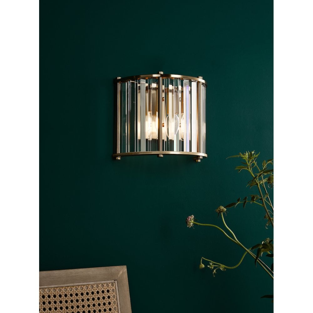 Dar KIR0935 Kiran 2 Light Wall Light Natural Brass and Glass