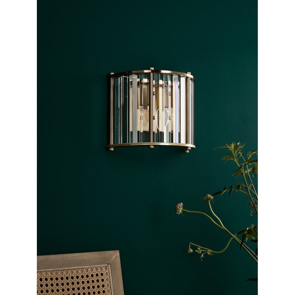 Dar KIR0935 Kiran 2 Light Wall Light Natural Brass and Glass