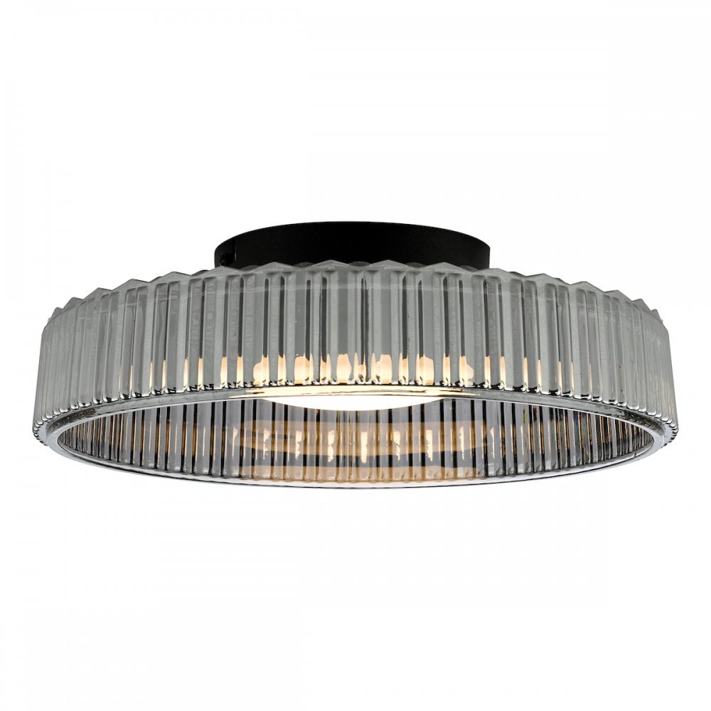 Dar LEE5222 Leena Flush Satin Black and Smoked Ribbed Glass LED