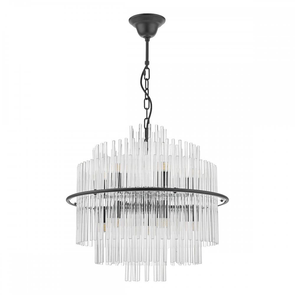 Dar LUK1722 Lukas 13 Light Pendant Satin Black and Glass