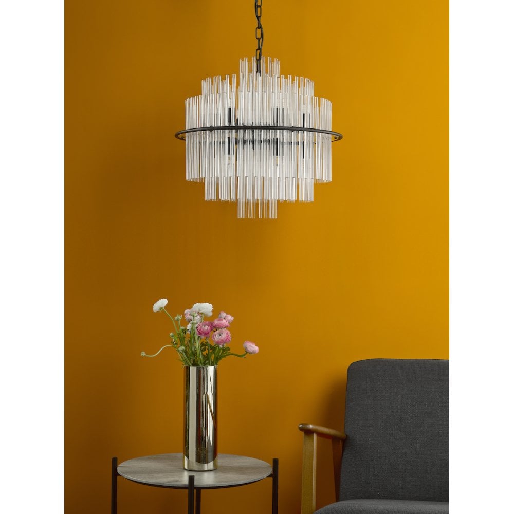 Dar LUK1722 Lukas 13 Light Pendant Satin Black and Glass