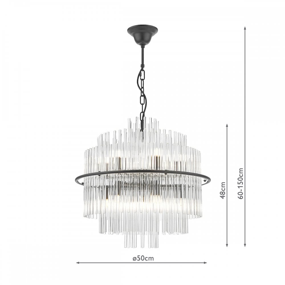 Dar LUK1722 Lukas 13 Light Pendant Satin Black and Glass